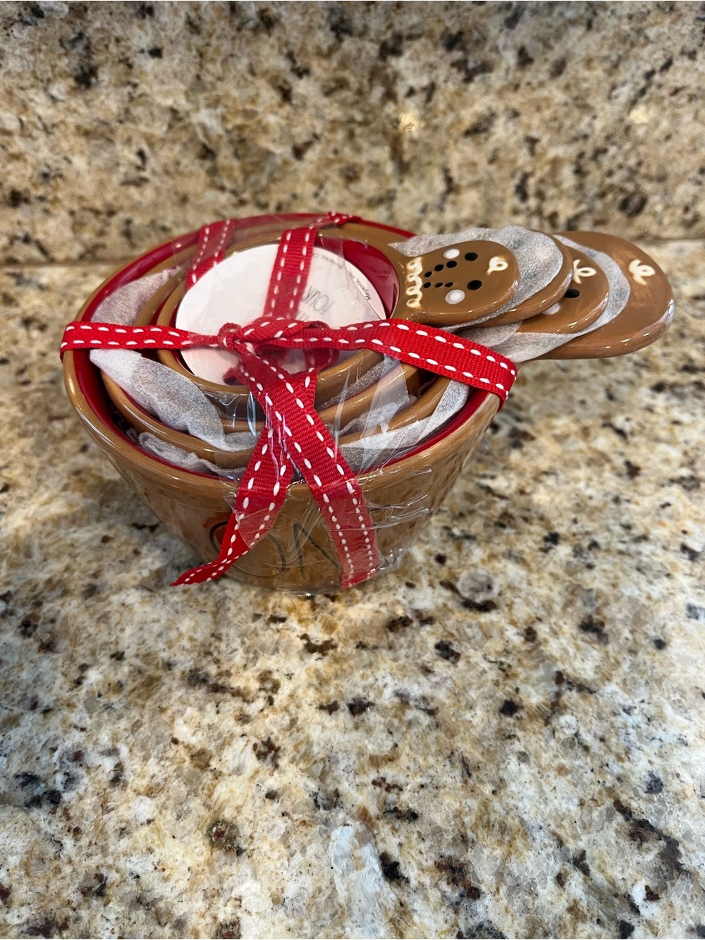 Rae Dunn Christmas Gingerbread Measuring Cup Set with Red Ribbon
